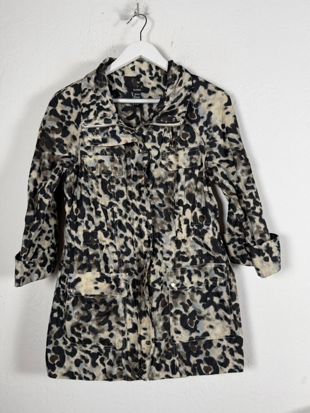 Alfani Womens Leopard Print Metallic Accent Anorak Jacket Medium Zip Up Pockets